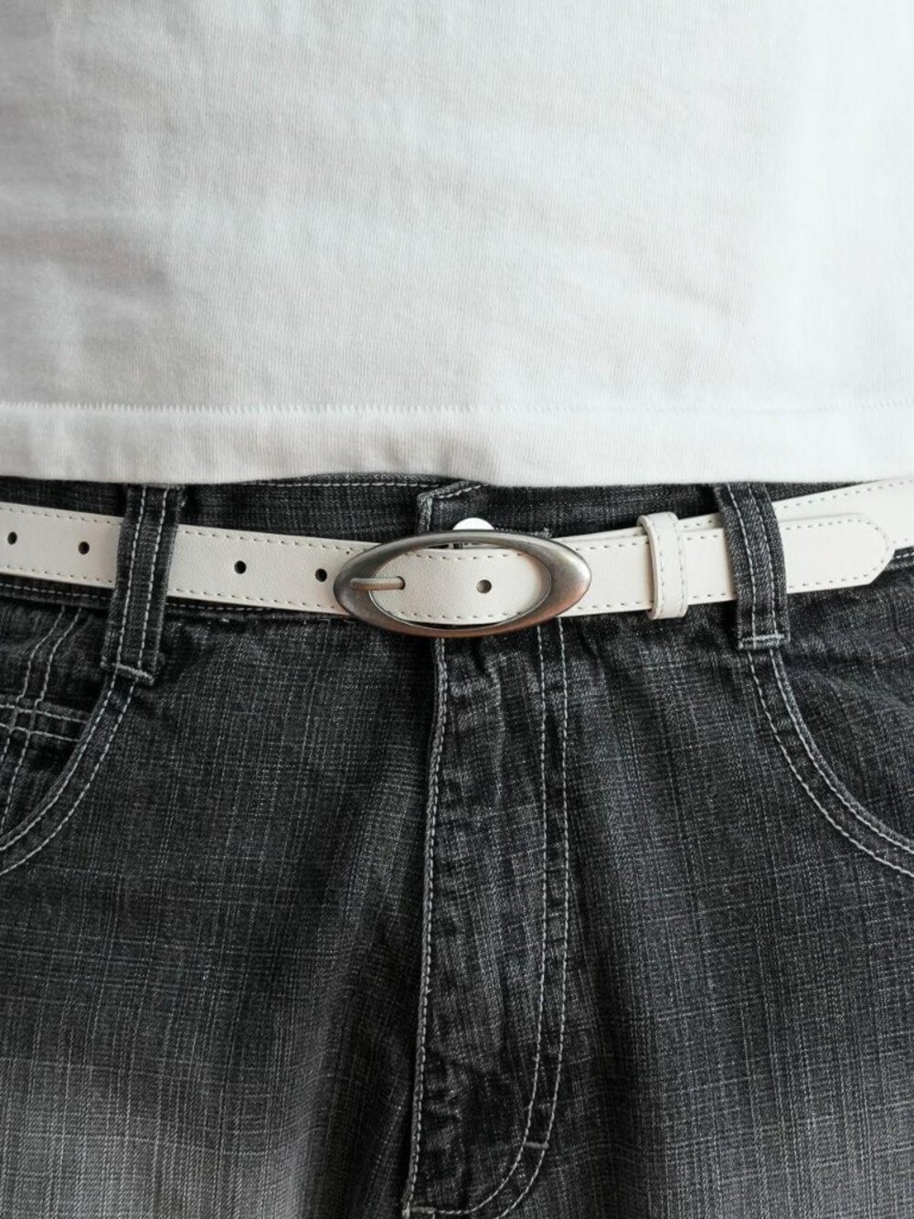 White Minimal 2000s Oval Buckle Belt